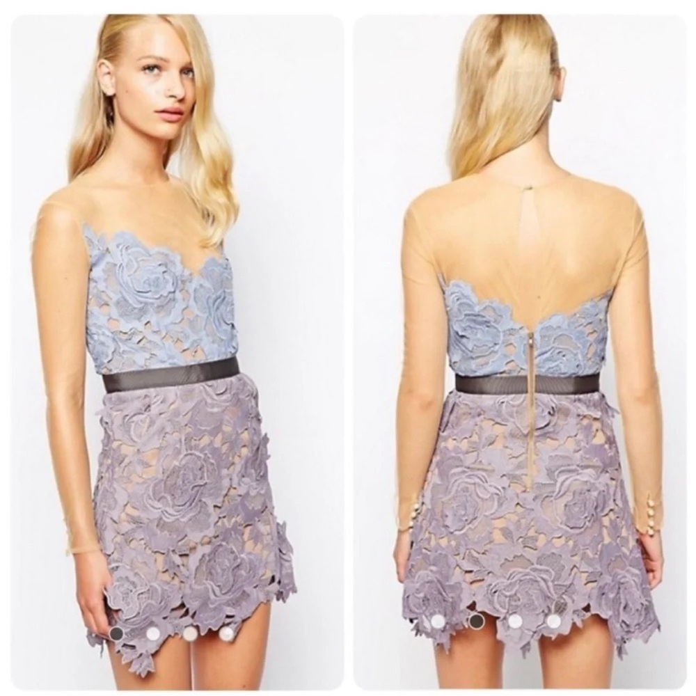 Self Portrait Blue & Purple Floral Dress w Mesh Sleeves and Pearl Button worn 1x
